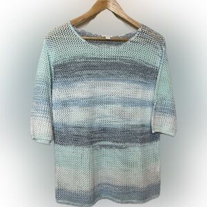 J. Jill Blue and White Crew Neck Tunic Sweater 3/4 Sleeve Open Weave Size Small